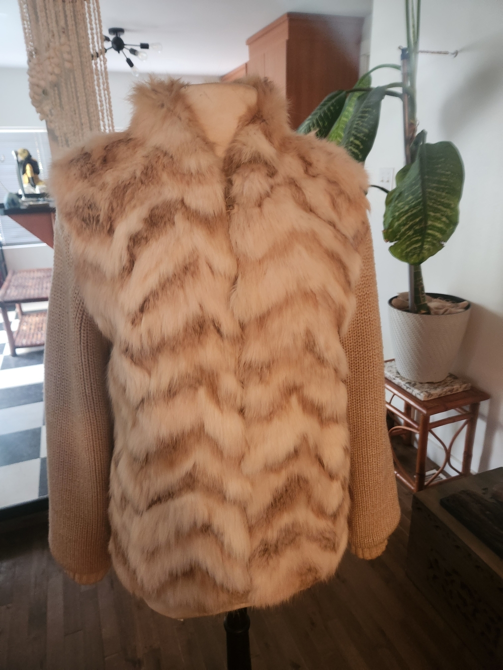 Womens Fur Vest Jacket - Cream Brown